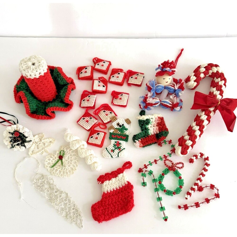 Vtg 70s Lot 26 Handmade Christmas Plastic Canvas Crochet Craft Kitsch Ornaments